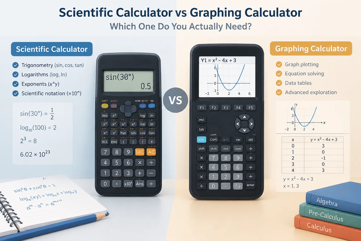 side-by-side illustration of a scientific calculator and graphing calculator