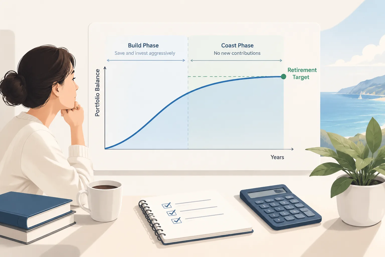 clean editorial illustration of an investment balance curve rising early and then smoothing out towa