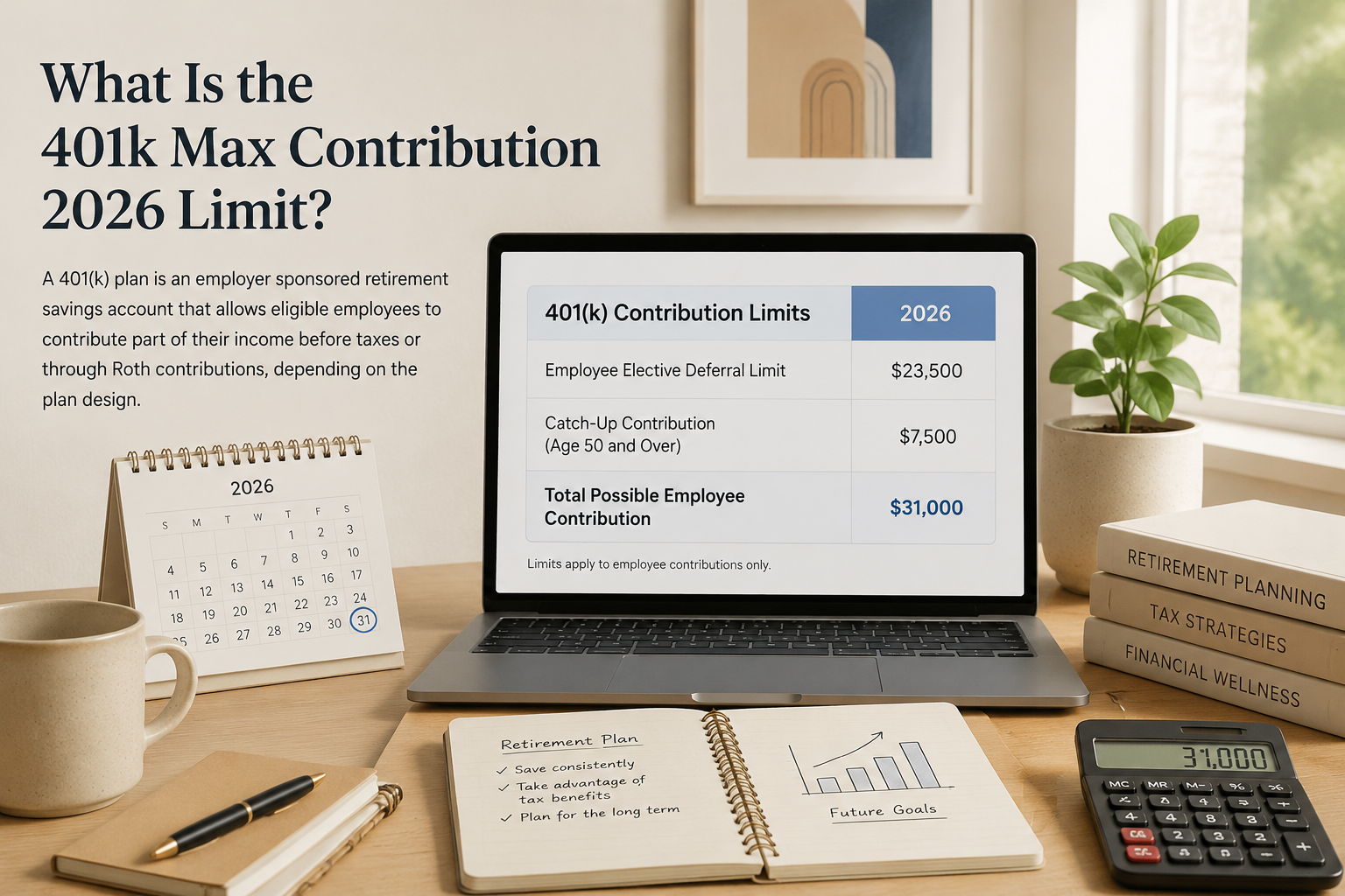 editorial article hero illustration about What Is the 401k Max Contribution 2026 Limit?. Section context: A 401(k) plan is an employer-sponsored retirement savings account that allows eligible employees to contribute part of their income before taxes or throug