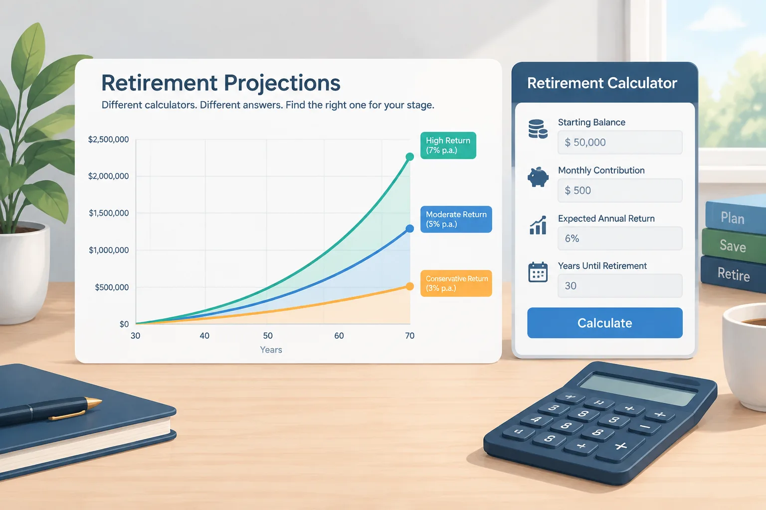 clean editorial illustration of three retirement projection curves diverging across a light grid