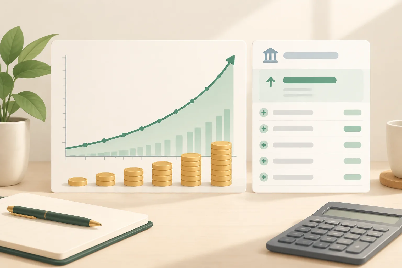 Clean editorial illustration of a rising savings balance curve beside an account statement panel