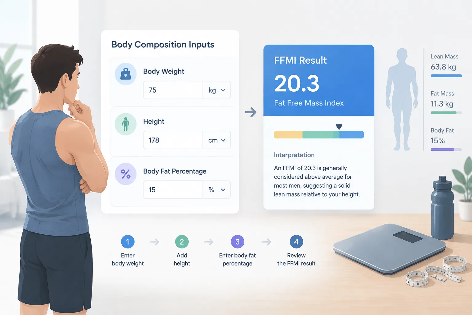 Neutral UI-style illustration of height weight and body-fat inputs feeding an FFMI result card