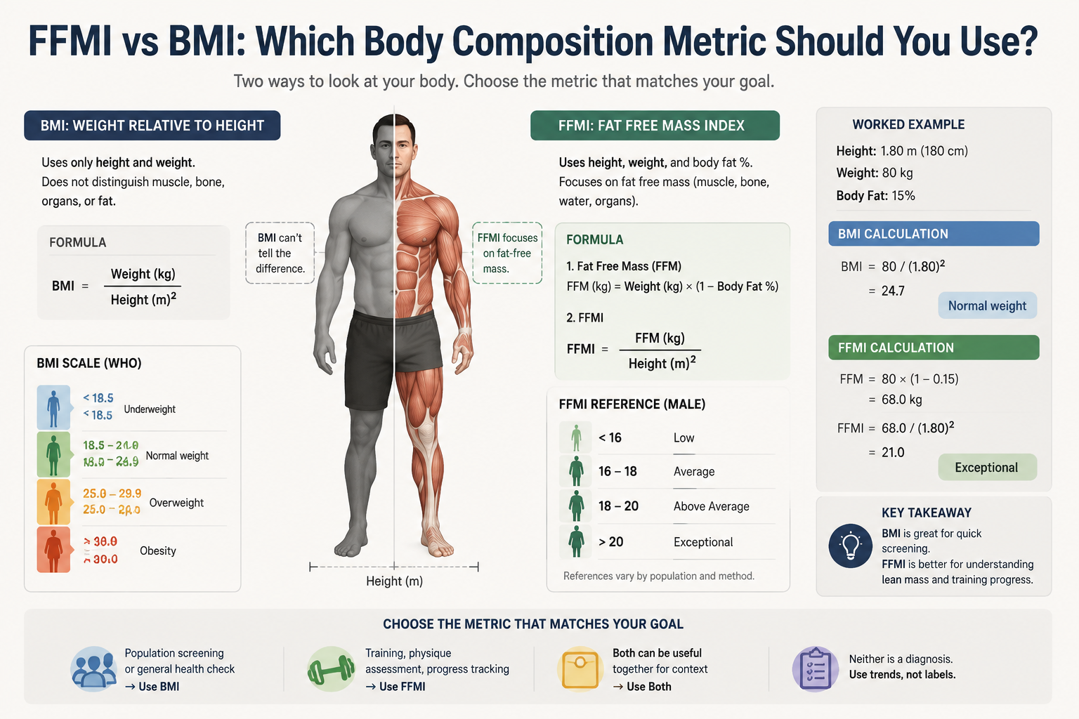 Clean editorial illustration comparing BMI scale silhouette with FFMI muscle-and-height chart, neutral palette, 16:9