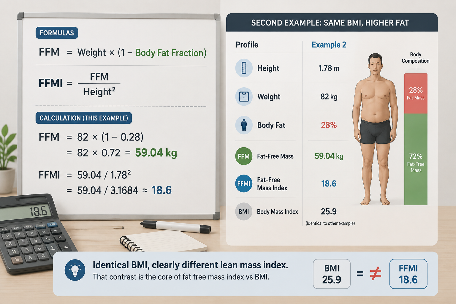 Simple formula board showing FFM equals weight times one minus body fat fraction, then FFM equals weight times one minus body fat fraction, then FFMI equals FFM over height squared, clean chart style