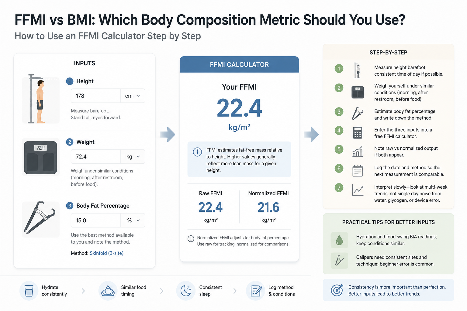 Neutral UI-style illustration of height weight and body-fat inputs feeding an FFMI result card, soft light, no logos