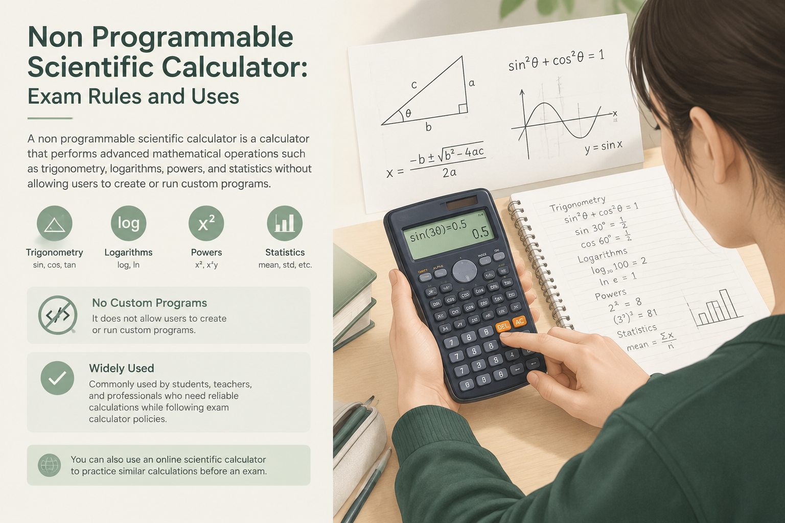 student using a scientific calculator beside math notes and formula diagrams