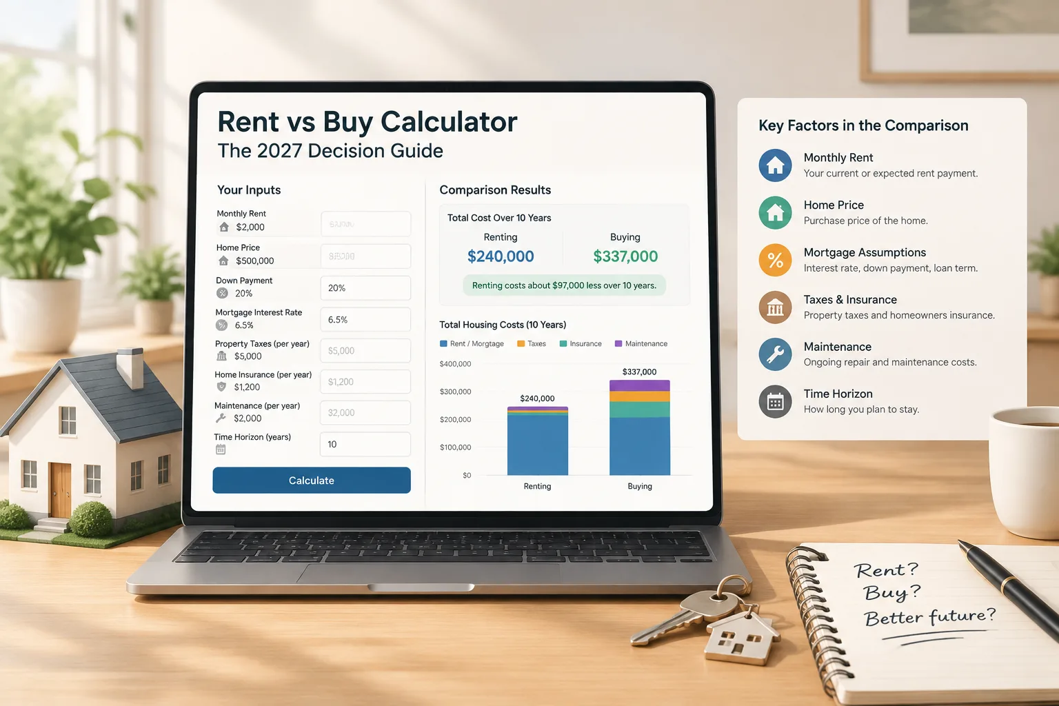 clean editorial illustration showing a home comparison calculator with rent and buy cost charts