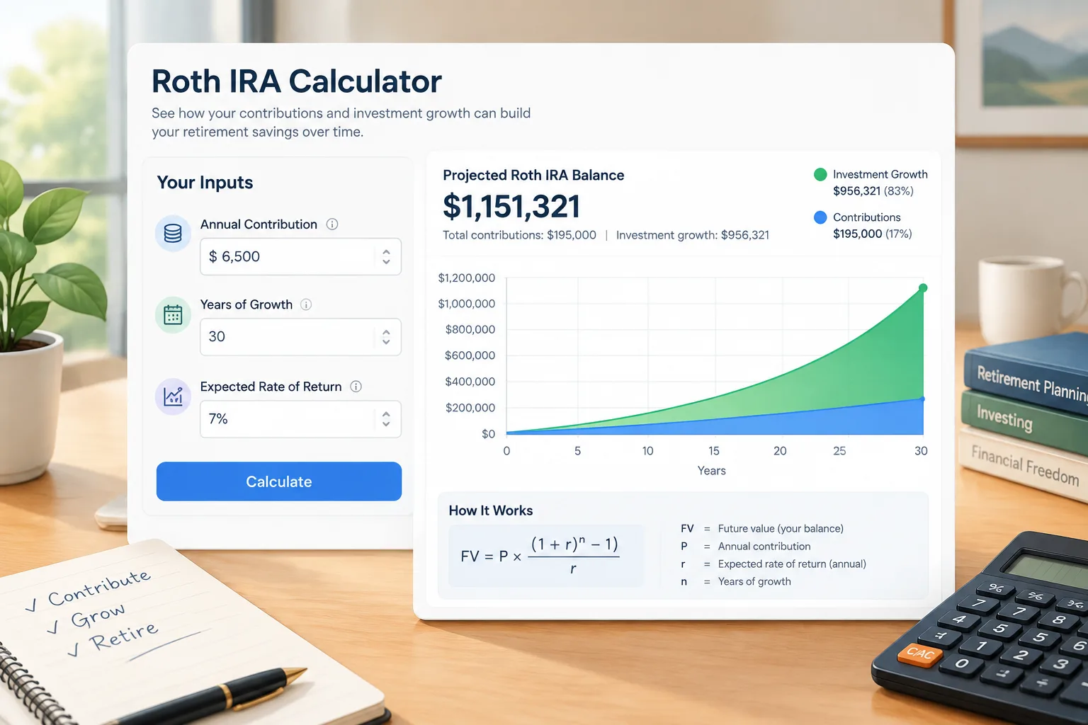 Clean editorial illustration of a Roth IRA calculator interface