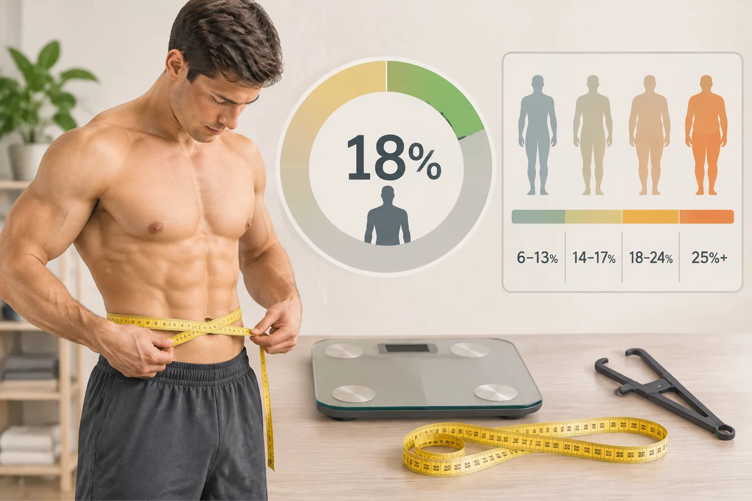 Editorial illustration of a male body composition assessment