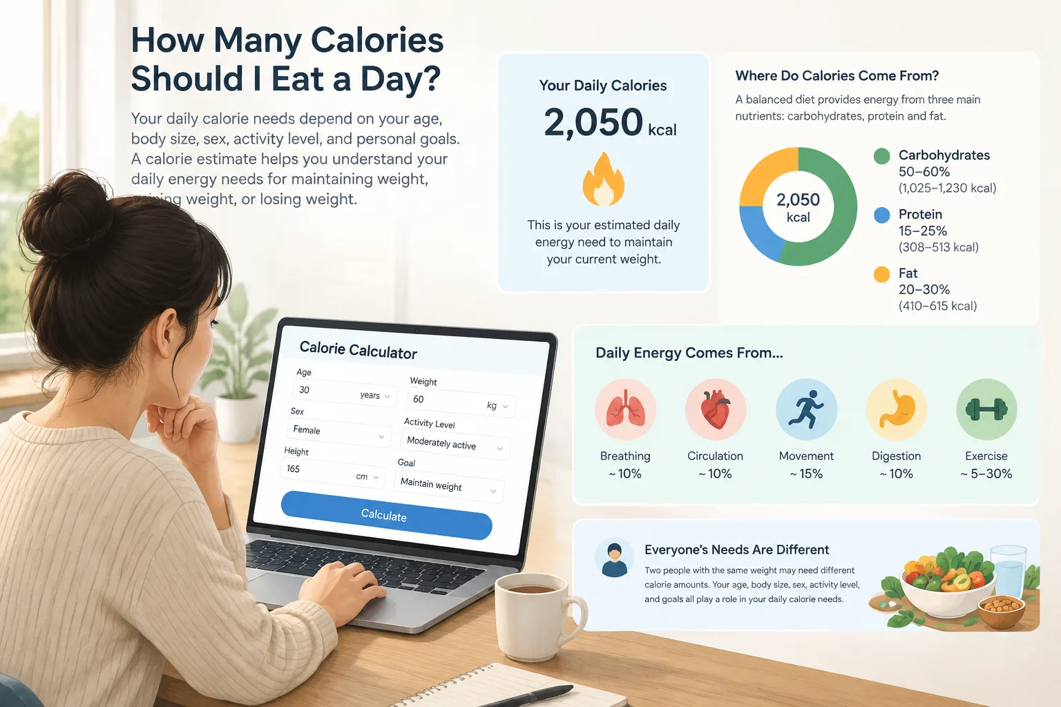 person using a calorie calculator with a simple nutrition chart and daily energy illustration