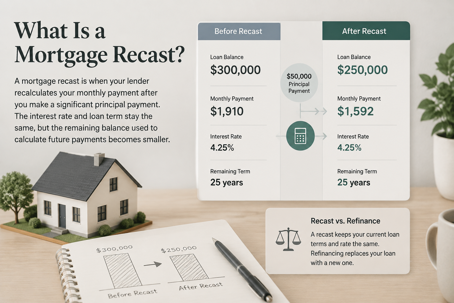 editorial article hero illustration about What Is a Mortgage Recast?. Section context: A mortgage recast, sometimes called a mortgage re-amortization, is a process where a lender recalculates your monthly payment after you make a significant principal payment.