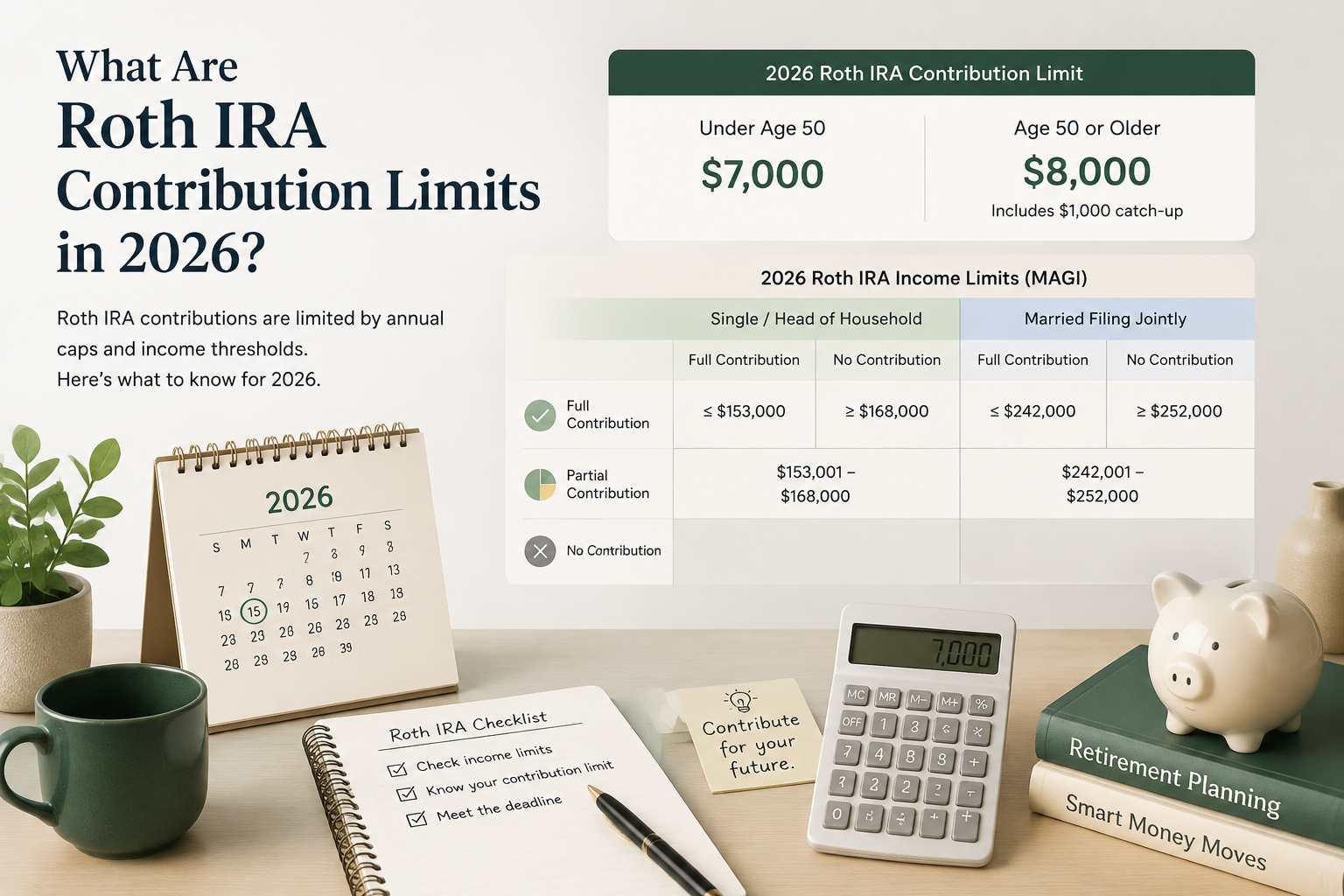 editorial article hero illustration about What Are Roth IRA Contribution Limits in 2026?. Section context: A Roth IRA is a retirement account that allows eligible individuals to contribute after-tax money. Qualified withdrawals in retirement may be tax-free if