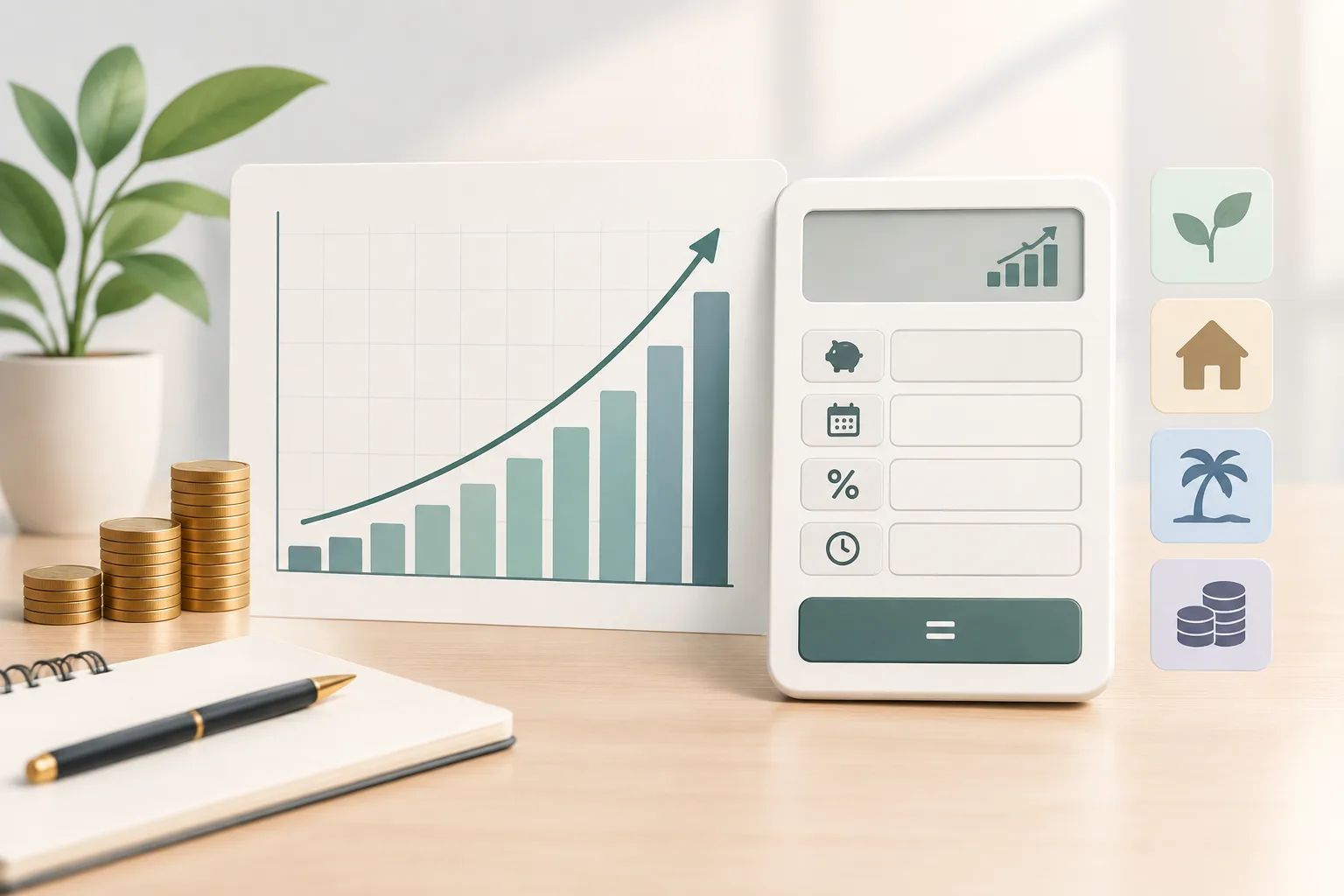 Clean editorial illustration of a growth curve beside simple calculator UI shapes