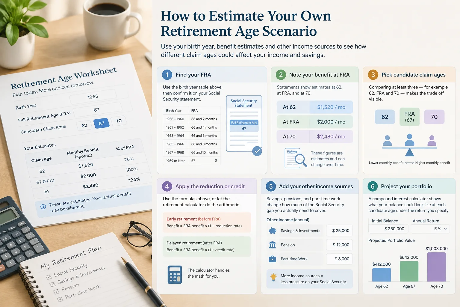 step-by-step retirement age worksheet with claim age inputs and output bars