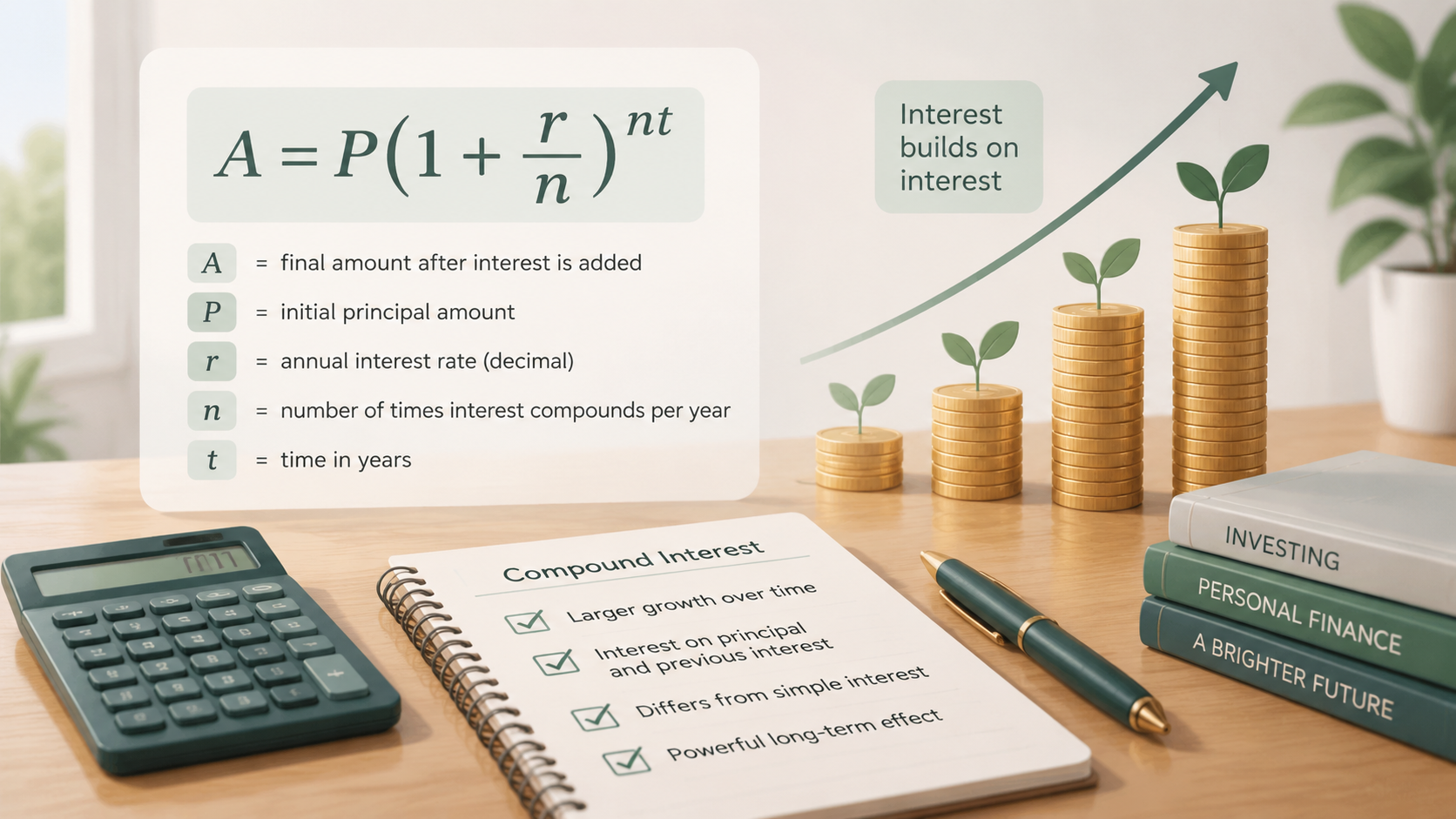 editorial knowledge graph illustration about What Is the Compound Interest Formula?. Section context: Compound interest means that interest is calculated not only on the original principal but also on previously added interest. This differs from simple interes