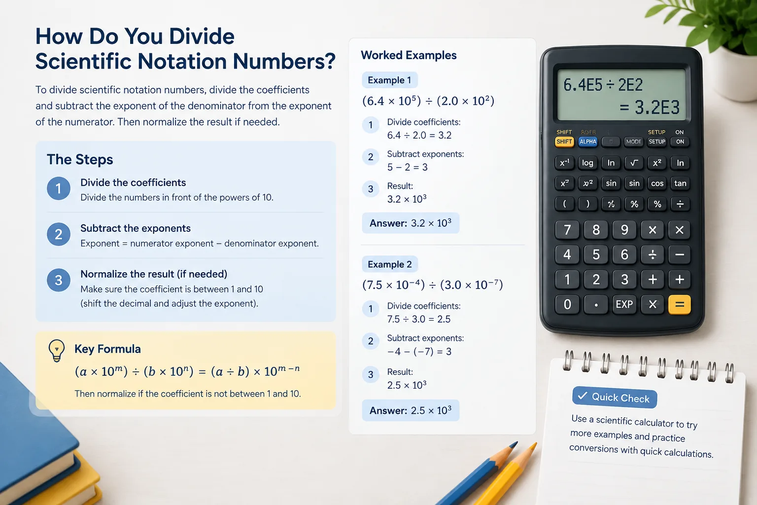 educational calculator graphic showing scientific notation multiplication and division examples