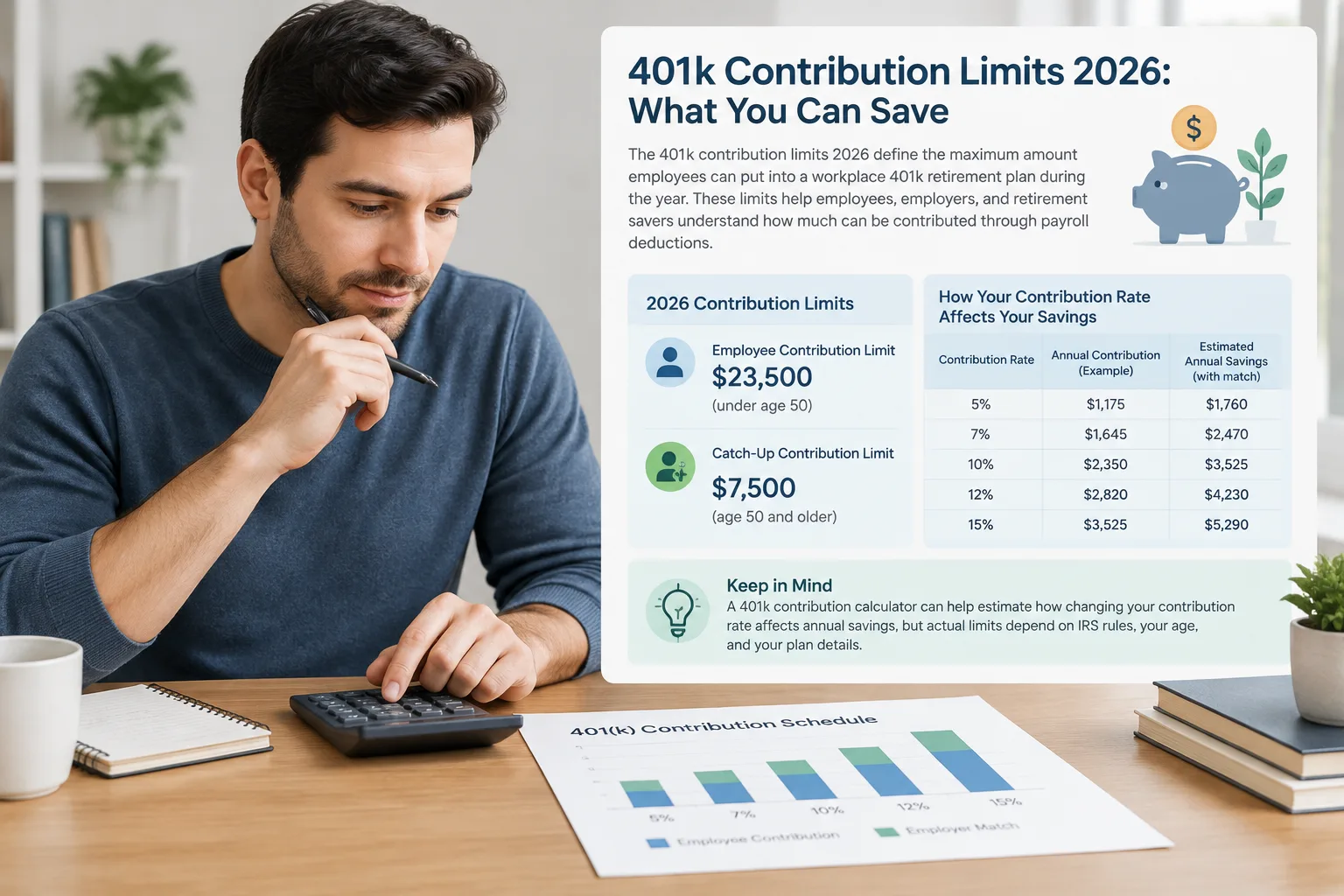person reviewing retirement savings numbers with a simple calculator and contribution chart