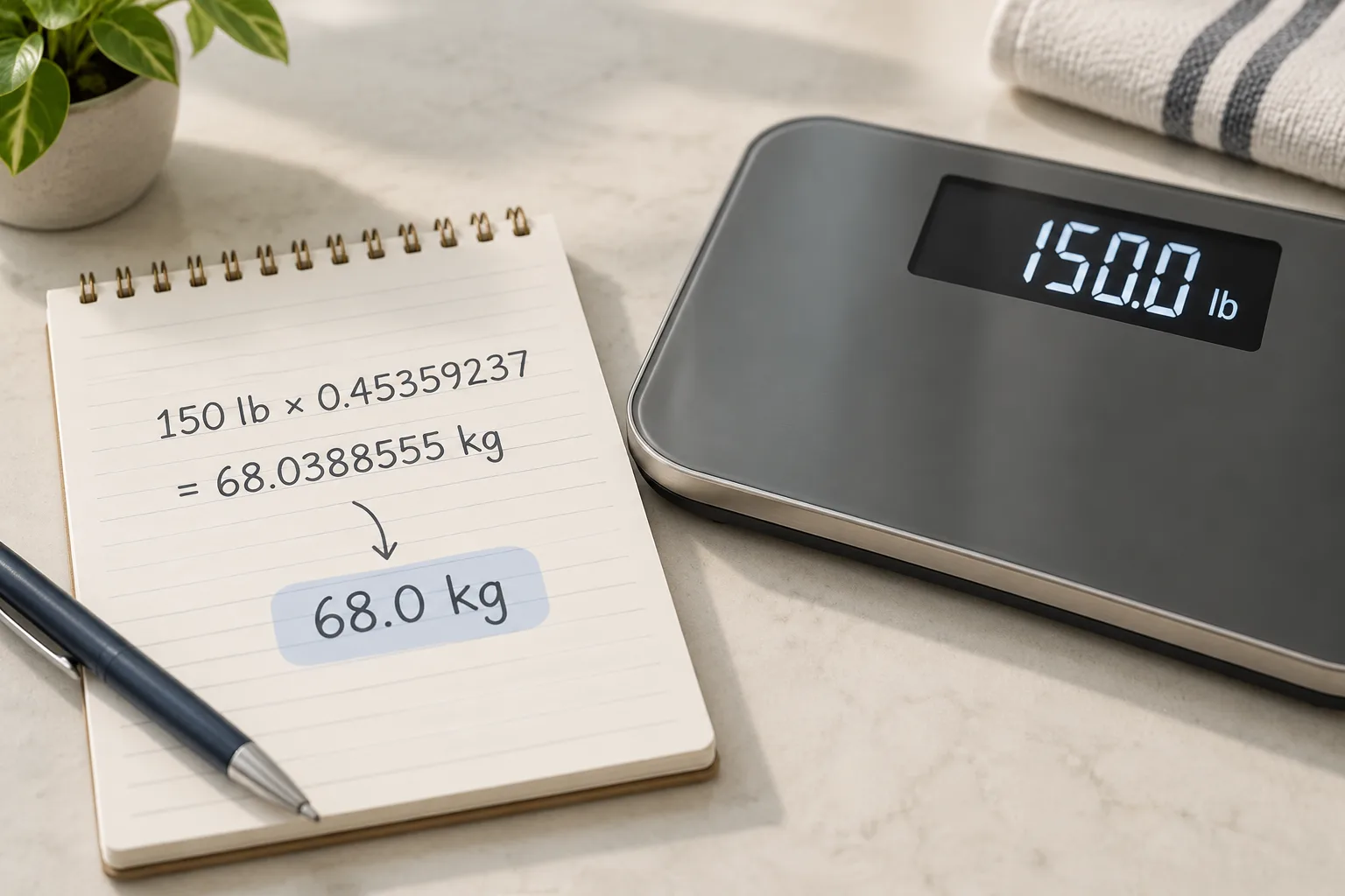 minimal editorial illustration of a rounded decimal number on a notepad beside a digital scale